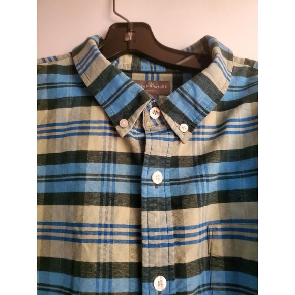 L.L. Bean Signature Mens Slim Fit Button-Up Shirt XXL Plaid Blue & Green Cotton - Picture 2 of 7